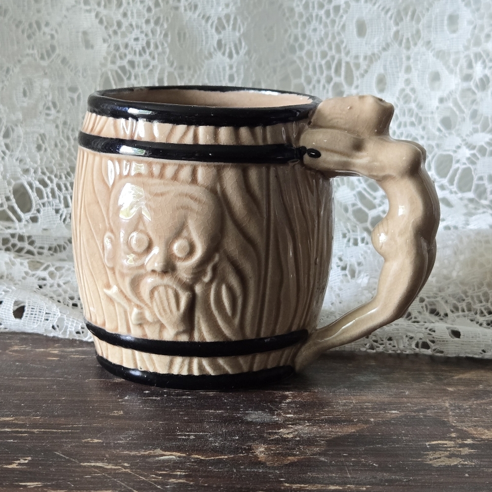 Vintage Barrel Figural Handle Ceramic Mug Tan Brown